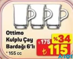 PAŞABAHÇE OTTİMO KULPLU ÇAY BARDAĞI 6'LI 155 CC